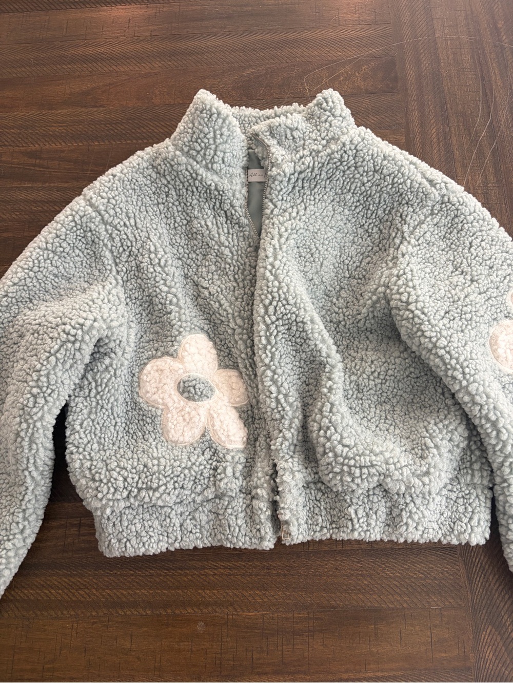 All in Favor Light Gray Teddy Jacket with Pink Flower Patches